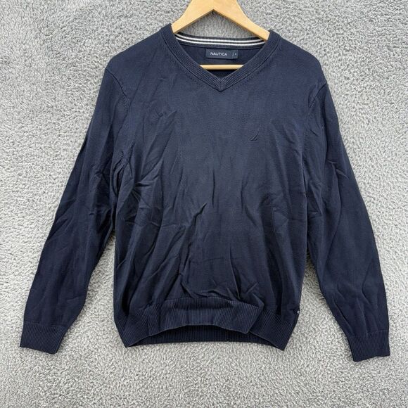 Nautica Men's‎ Medium Navy Blue V-Neck Embroidered Logo Long Sleeve Sweater - Picture 1 of 7
